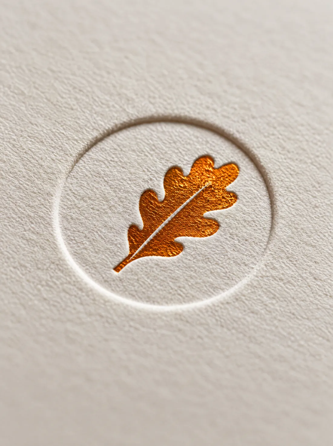 An oak-leaf emblem blind-embossed into thick cotton paper, the leaf picked out in amber foil.