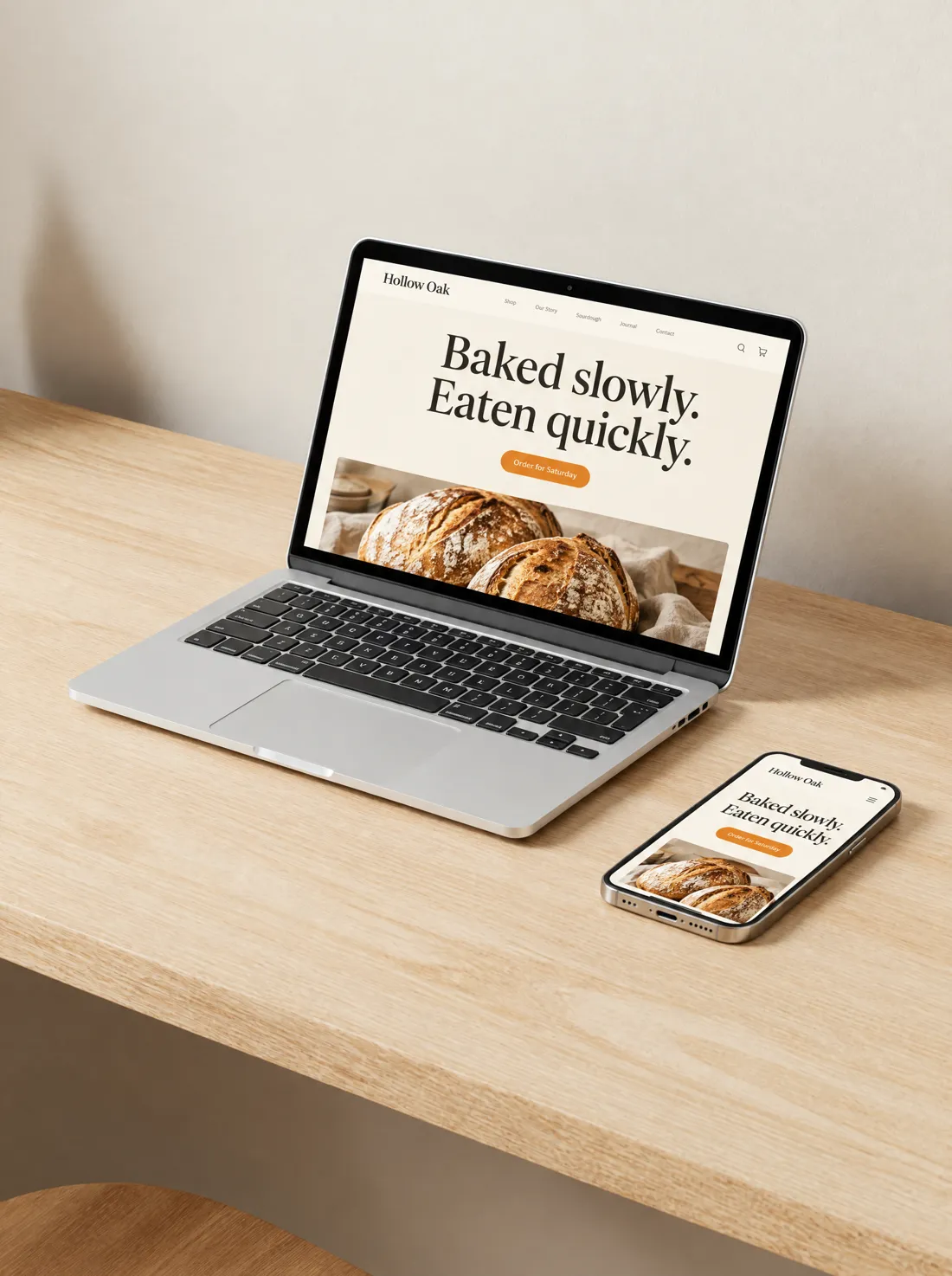 A laptop and phone showing the Hollow Oak Bakery website, headlined “Baked slowly. Eaten quickly.”
